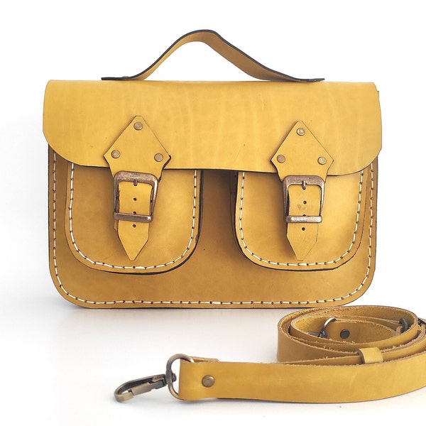 Sac messager en cuir jaune fait main