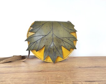 Yellow Green Shoulder Bag, Crossbody Bag, Leather Purse, Leaf Bag, Leaf Shape, Gift For Her, Made to Order