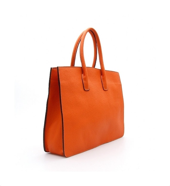 Genuine Textured Leather Tote Bag, Orange Shoulder, Classic Workbag