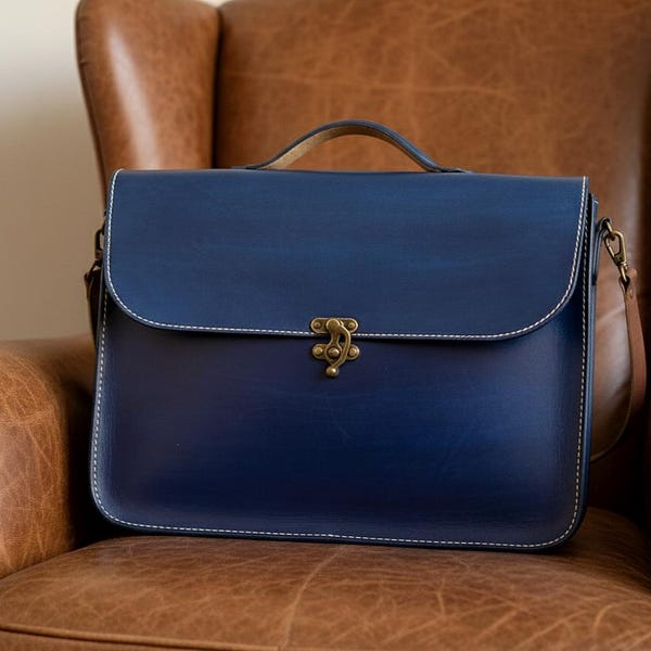 Blue Leather Laptop Bag, Briefcase