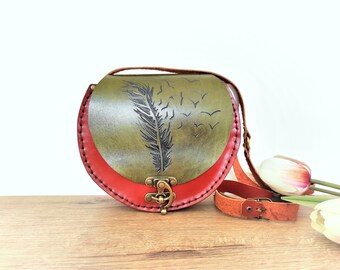 Green Orange Crossbody Bag, Shoulder Bag, Leather Purse, Feather-Birds Patterned, Gift For Her, Made to Order