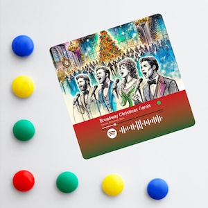 May include: A red, green and white Spotify code card with a watercolour illustration of singers on a stage. The text on the card reads "Broadway Christmas Carols" and "Various Broadway Stars".