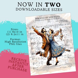 May include: A digital illustration of a couple dancing on a sheet of music from the musical "Fiddler on the Roof". The couple is dressed in traditional clothing and the music sheet features the song "Miracle of Miracles".