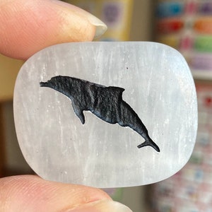 May include: A white, oval-shaped stone with a black silhouette of a dolphin carved into it.