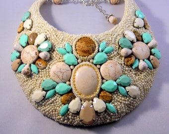 Bib Necklace, Festival jewelry, Bead embroidery necklace,  Statement Necklace, Gemstone Necklace, Beaded Necklace, Mint beige boho necklace