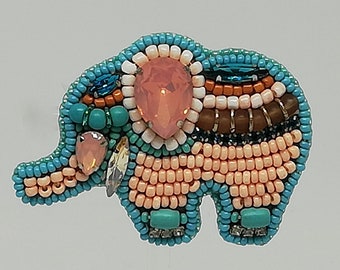 Blue pink elephant brooch, mini brooch, elephant pin,lucky brooch,bead embroidery, pink elephant