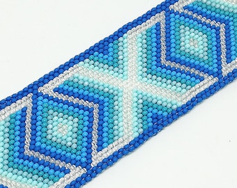 Beaded Cuff Bracelet: Blue Geometric Woven Bracelet with Tassel