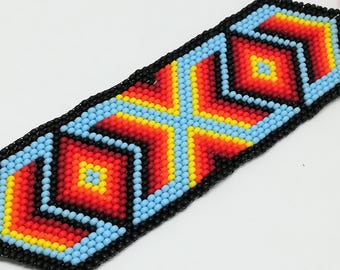 Geometric Beaded Cuff Bracelet – Woven Seed Bead Tassel Bracelet