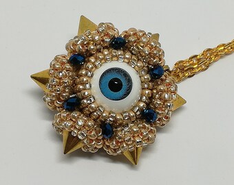 Spiked Eye Pendant Necklace: Golden Beadwork, Steampunk Cosplay