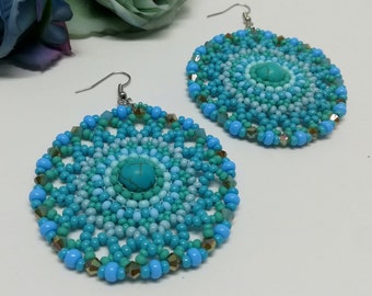 Turquoise Beaded Circle Earrings, Czech Glass, Statement Jewelry