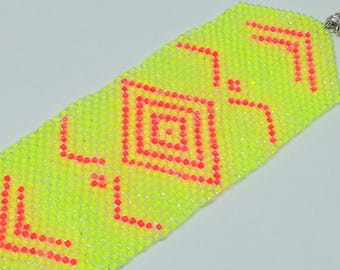 Neon Geometric Beaded Cuff Bracelet – Woven Summer Jewelry
