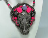Hot Pink Grey Necklace, Beaded Statement Chunky Necklace, Festival Jewelry, Lucky Elephant Pendant, Embroidery, Clubbing jewelry