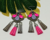 Hot Pink Grey Earrings, Tassel earrings, Beaded Statement Chunky Earrings, Festival Jewelry, Embroidery, Clubbing jewelry