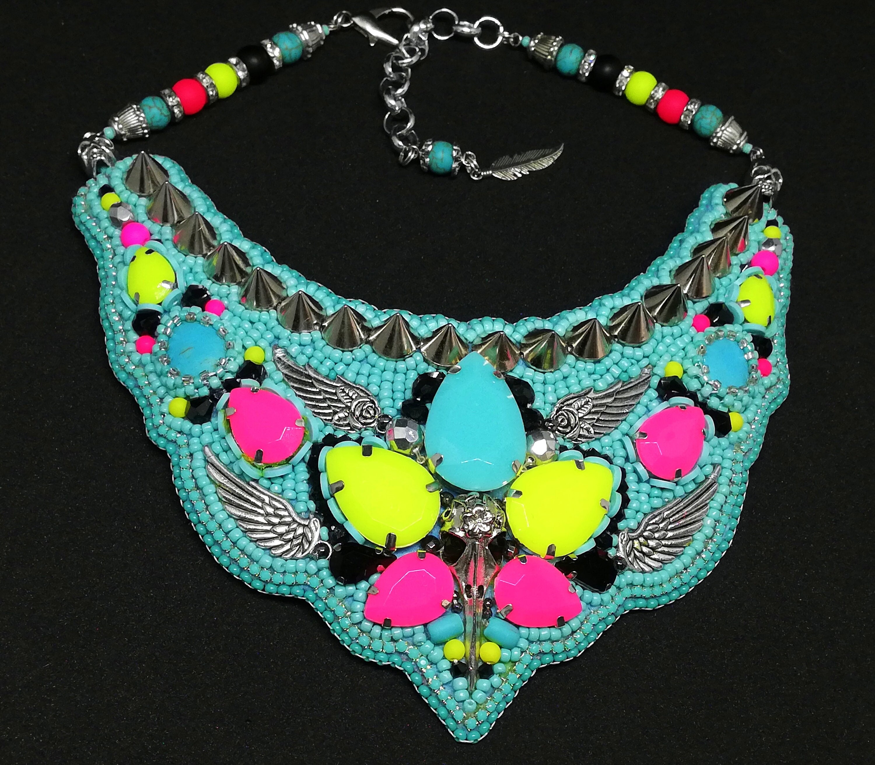 Neon Necklace, Beaded Statement Chunky Necklace, Punk Tribal Festival