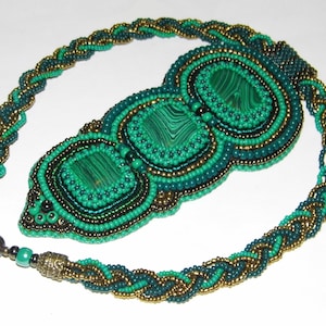 Beaded malachite necklace / boho chic / statement / pendant / bead embroidery / gift for her / forest queen