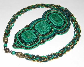 Beaded malachite necklace / boho chic / statement / pendant / bead embroidery / gift for her / forest queen
