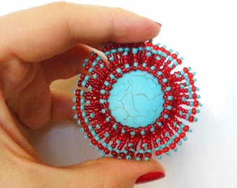 Beaded blue red brooch with blue howlite cabochon / beadwork