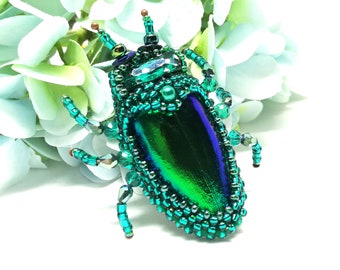 Beaded Scarab Brooch, Real Elytra Wings, Insect Pin