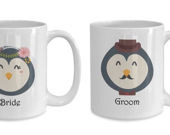 Penguin Bride and Groom Wedding Mugs Bridal Shower Gift