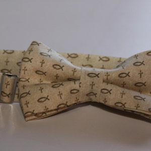 Religious bowtie, pre tied bowtie, christian tie, fish and cross tie, confirmation tie, Easter tie, first communion tie, child  adult bowtie