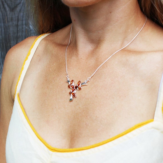 Sterling Silver Multicolor Amber Cube Necklace 18 Inches