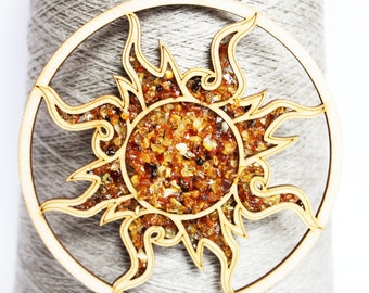 Beautiful Amber Burning Sun Decoration made of wood and filled with genuine Baltic Amber. diff designs Charm for your home Unique gift