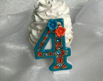 Moana, luau, beach, Hawaiian, hibiscus candle, blue, orange, gold, birthday, anniversary, number, custom, keepsake candle