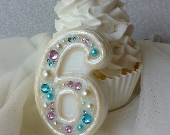 Pink and aqua birthday candle, keepsake candle, anniversary candle, custom candle, number candle