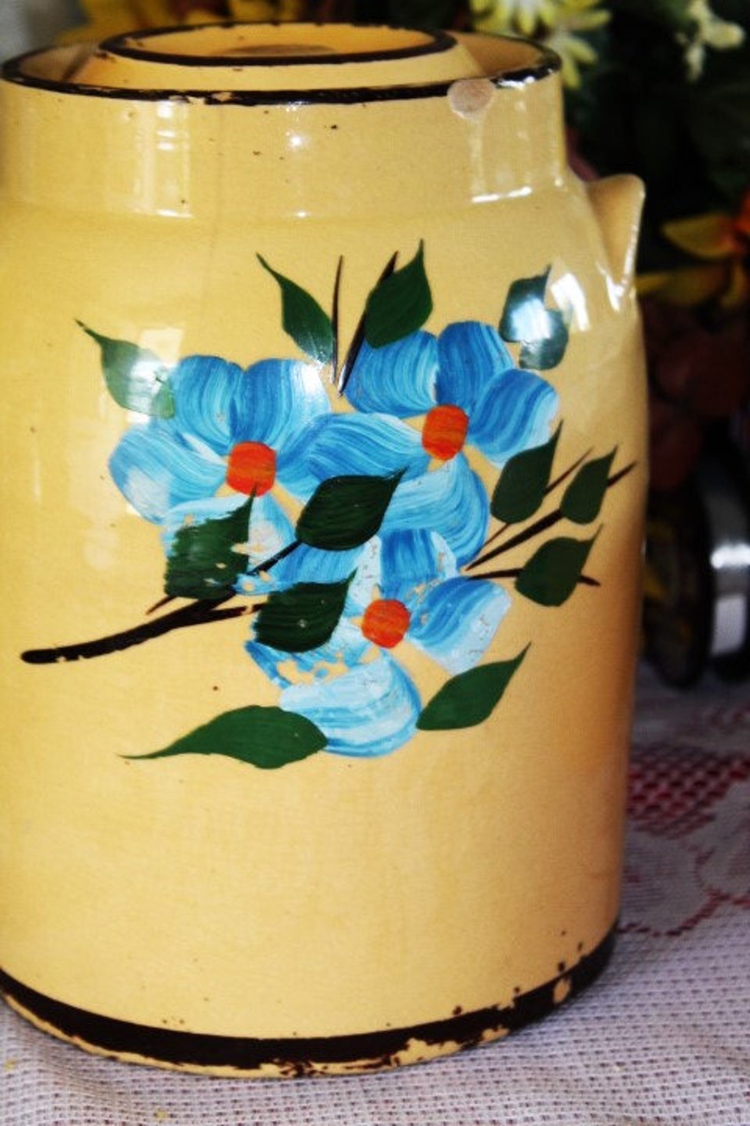 Antique Stoneware Butter Churn Type Cookie Jar Hand Painted Floral