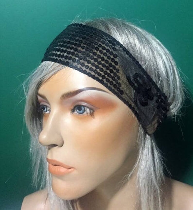 Black Sequin Headband Boho Headpiece Girls Headband Sequin Etsy