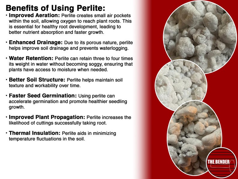 May include: An informational graphic titled Benefits of Using Perlite listing points on aeration, drainage, water retention, soil structure, germination, propagation, and insulation, alongside three circular close-up images of white perlite rocks.