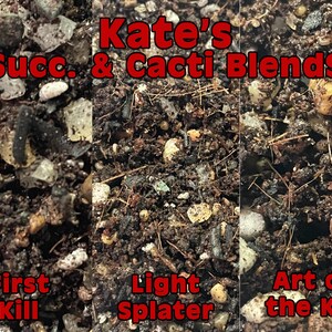 May include: A dark brown potting soil mix for succulents and cacti with visible perlite, small stones, and organic fibers. The text "Kate's Succ. & Cacti Blends" appears at the top, with "First Kill," "Light Splater," and "Art of the Kill" below.