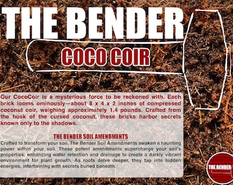 May include: A brick of compressed brown coco coir soil amendment labeled THE BENDER COCO COIR. The text states each brick measures 8 x 4 x 2 inches and weighs 1.4 pounds. The background shows the dark, fibrous texture of the coconut husk material.