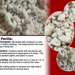 May include: A collection of white, porous perlite granules shown in a large background area and three circular insets. Text on the left provides instructions for using perlite in potting compost, patio planters, planting holes, and compost.