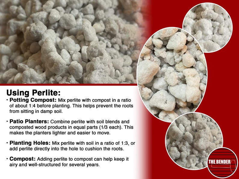 May include: A collection of white, porous perlite granules shown in a large background area and three circular insets. Text on the left provides instructions for using perlite in potting compost, patio planters, planting holes, and compost.