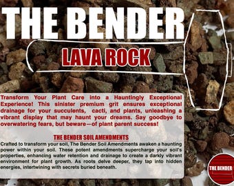 May include: A collection of small, porous lava rock fragments in shades of brown, red, and grey. The image features the text THE BENDER LAVA ROCK and a detailed paragraph describing the product as soil amendments for succulents and cacti.