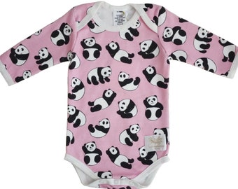Organic pink panda bodysuit, long sleeve, organic onesie, panda, pink, unique baby gift, handmade in USA