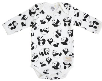 Organic panda bodysuit, long sleeve, organic onesie, panda, black and white, unique baby gift, handmade in USA