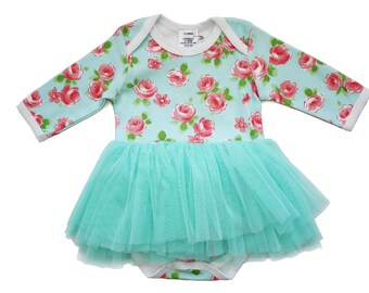 Organic mint rose tutu dress onesie. US organic cotton. handmade in USA. baby tutu