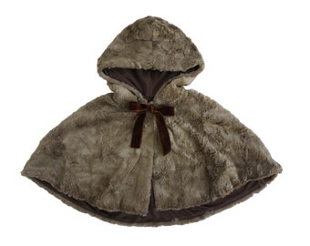 Faux fur Hood cape with soft knit lining with velvet bow front 6Month-6Years, One size fits all cape, handmade in USA