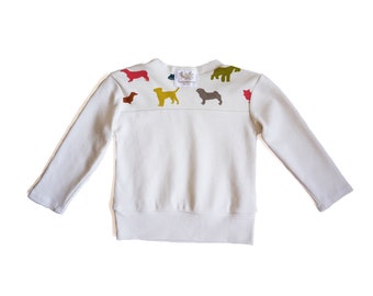 ORGANIC dogs Sweatshirt with snap buttoned shoulder, baby top, handmade in USA.