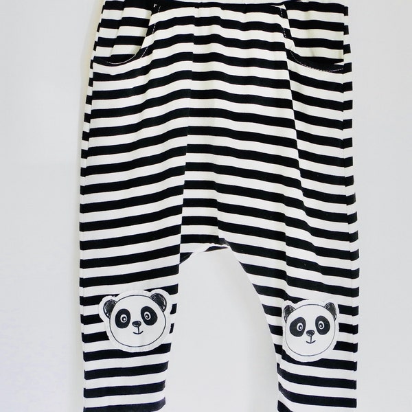 panda knee patch bamboo cotton stripe harem pants. kid slouchy pants. baggy pants. handmade in USA