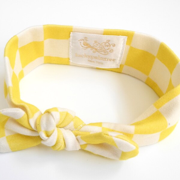 Sample sale, Organic head band,yellow  checkered, Organic cotton knit headband, baby shower gift, newborn photo by luckypalmtree
