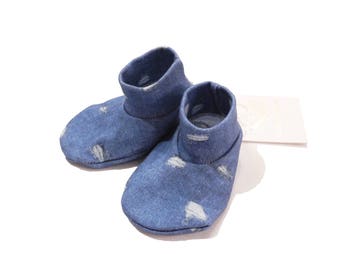 Organic cotton denim look bootie, soft cotton knit.handmade in USA, newborn bootie