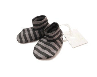 organic cotton grey black stripe bootie, handmade in USA, newborn baby bootie