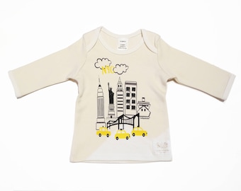 Organic NYC ivory t-shirt, long sleeve, organic cotton, city view, unique baby gift, handmade in USA
