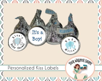 Personalized Blue Elephant Boy Baby Shower Party Favors Kiss Labels Stickers Supplies