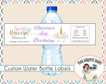UNICORN Birthday Party Water Bottle Labels Personalized Party Favors VINYL WATERPROOF