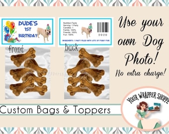 Celebrate your Dog!!  Personalized Birthday Doggie Treat Bags and Toppers Personalized Custom Party Favors USE YOUR OWN Dog Picture!!
