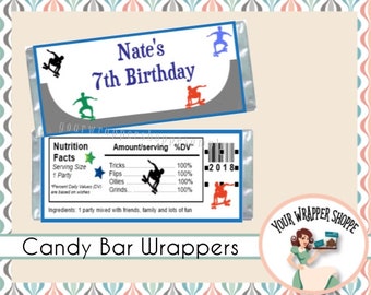 SKATEBOARD SKATE Candy Bar Wrappers with Foil Sheets Party Favors Custom Personalized SK8